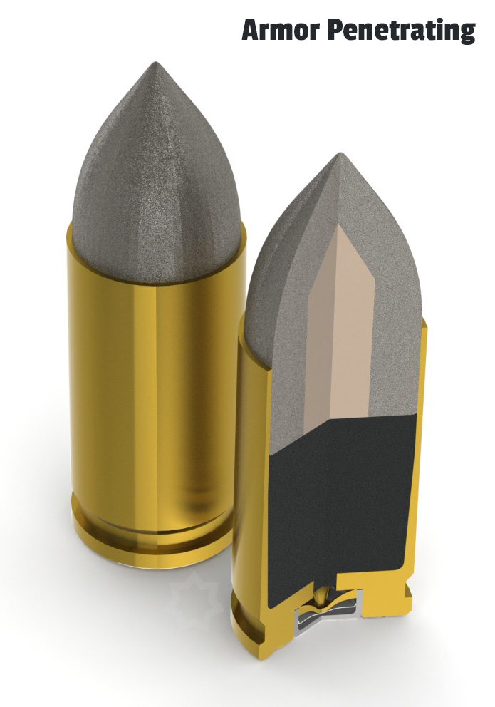 Cutaway view of 9mm armor penetrating ammo