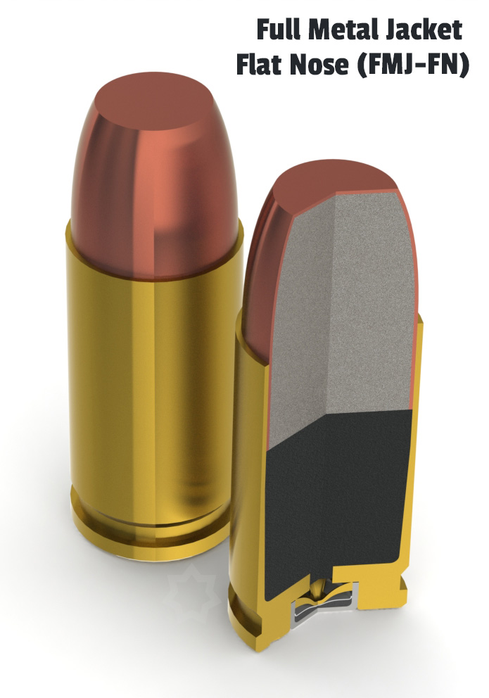 Cutaway view of 9mm full metal jacket flat nose (FMJ-FN) ammo