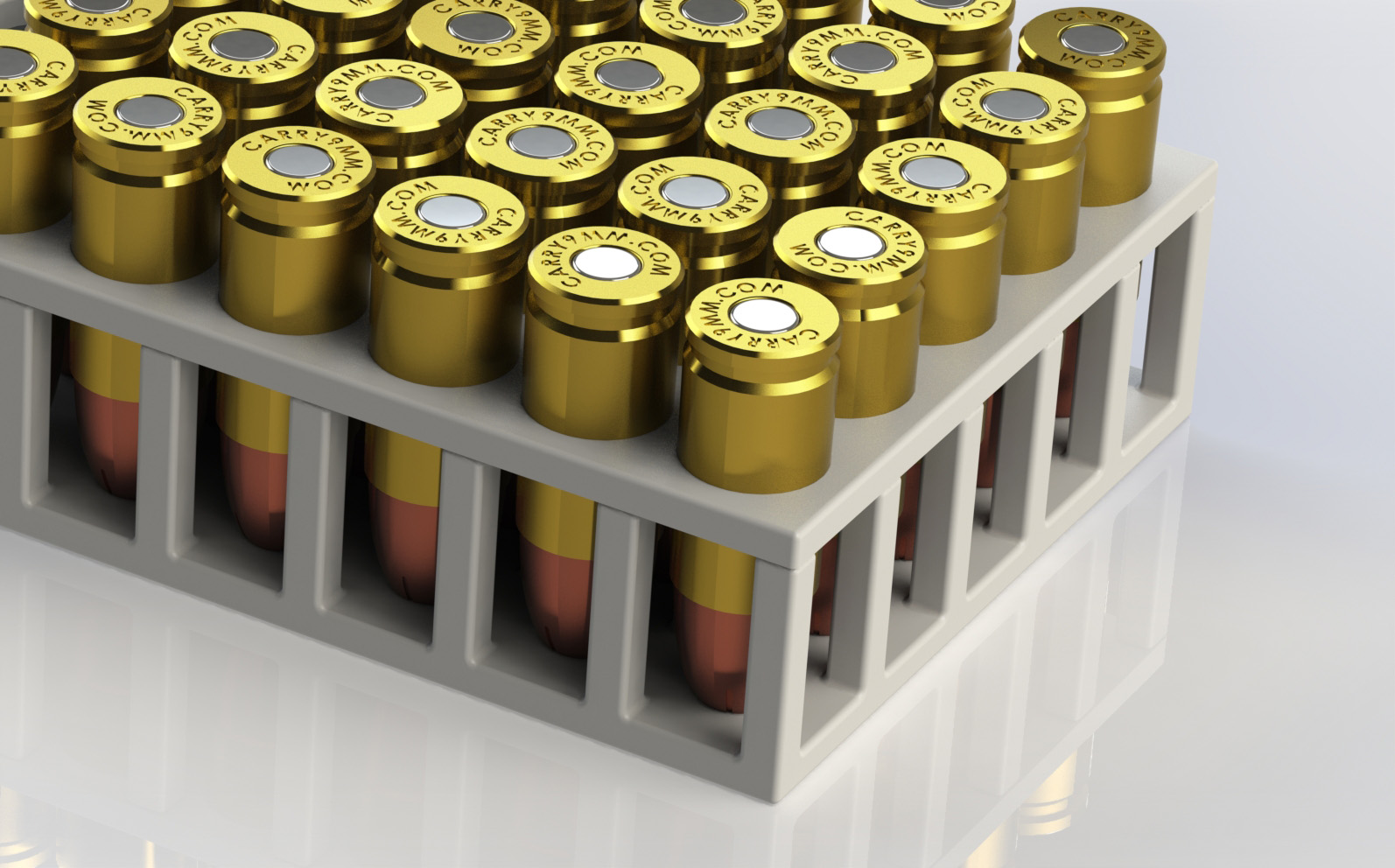 9mm ammo cartridges in a full tray