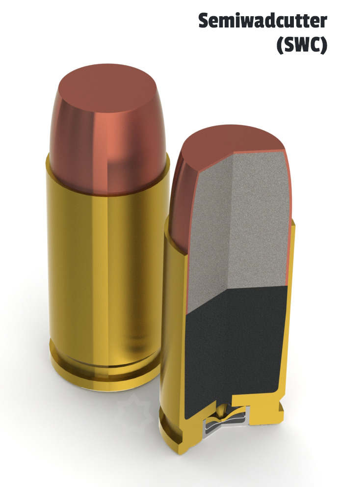Cutaway view of 9mm semiwadcutter (SWC) ammo