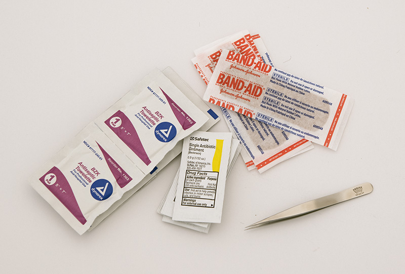 Antiseptic, Antibiotic, Band-Aids, Splinter Tweezers
